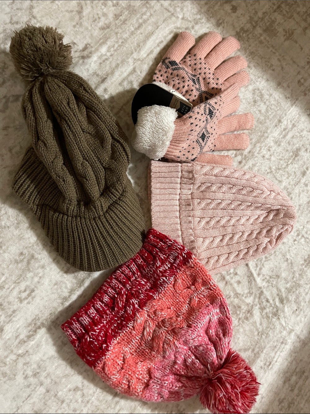 Pink Patterned Knit Gloves and Pink Ombre Pom Beanie Set